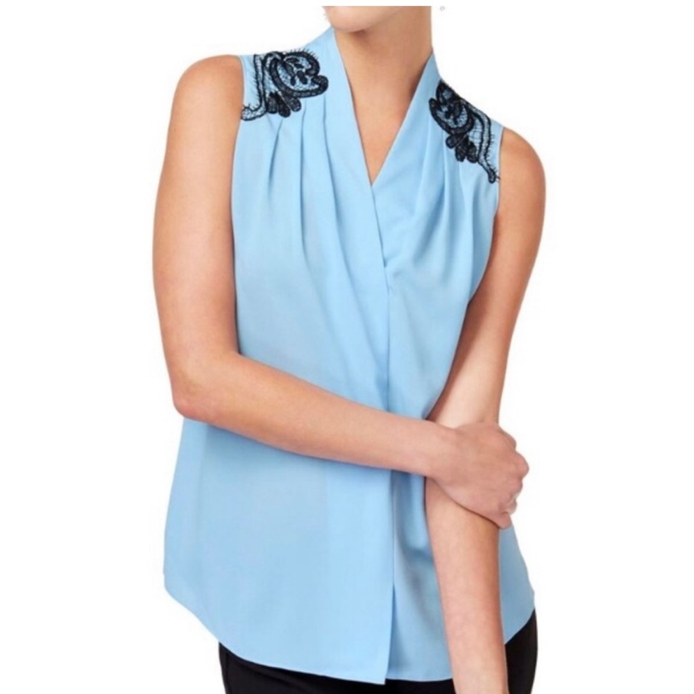 Kobi Maleah Blouse Lace Trim Top Sky Blue S